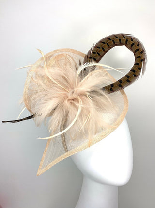 Nude Fascinator with pheasant feather adornment, Tea Party Hat, Church Hat, Derby Hat, Fancy Hat, Ivory Hat, wedding hat, British Hat, Breed