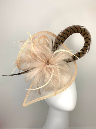 Nude Fascinator with pheasant feather adornment, Tea Party Hat, Church Hat, Derby Hat, Fancy Hat, Ivory Hat, wedding hat, British Hat, Breed