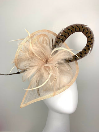 Nude Fascinator with pheasant feather adornment, Tea Party Hat, Church Hat, Derby Hat, Fancy Hat, Ivory Hat, wedding hat, British Hat, Breed