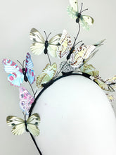 Load image into Gallery viewer, Shades of Green and Blue Butterfly Fascinator, butterfly hat, Tea Party Hat, Church Hat, Derby Hat, Fancy Hat, Pink Hat, Tea Party