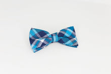 Load image into Gallery viewer, Navy Blue and Turquoise Plaid Bow Tie