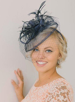 Navy Fascinator with veil, Womens Tea Party Hat, Hat with Veil, Kentucky Derby Hat, Fancy Hat, Tea Party Hat, wedding hat, British Hat