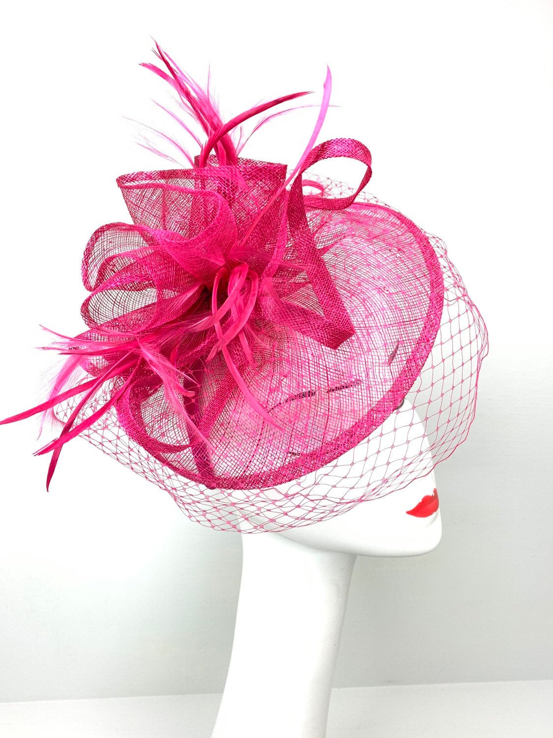 Fuchsia Pink Fascinator, The Brynlee Women's Tea Party Hat, Hat with Veil, Kentucky Derby Hat, Fancy Hat, wedding hat, British Hat
