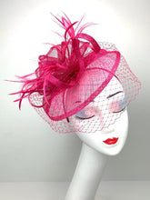 Load image into Gallery viewer, Fuchsia Pink Fascinator, The Brynlee Women&#39;s Tea Party Hat, Hat with Veil, Kentucky Derby Hat, Fancy Hat, wedding hat, British Hat