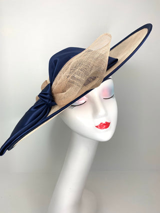 Navy and tan Sinamay Derby Hat