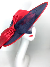 Load image into Gallery viewer, Navy and red Sinamay Derby Hat, Womens Tea Party Hat, Church Hat, Derby Hat, Fancy Hat, Ivory  Hat, Tea Party Hat, wedding hat