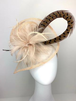Nude Fascinator with pheasant feather adornment, Tea Party Hat, Church Hat, Derby Hat, Fancy Hat, Ivory Hat, wedding hat, British Hat, Breed