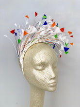 Load image into Gallery viewer, Rainbow Feather Fascinator, Kentucky Derby Hat, Womens Hat, Tea Party Hat, Church Hat, Derby Hat, Fancy Hat, ivory Hat, Tea Party