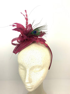 The Haleigh Maroon Fascinator with peacock feather, Women&#39;s Tea Party Hat, Church Hat, Derby Hat, Fancy Hat, maroon  Hat, Tea Party Hat, wed