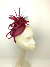 Load image into Gallery viewer, The Haleigh Maroon Fascinator with peacock feather, Women&#39;s Tea Party Hat, Church Hat, Derby Hat, Fancy Hat, maroon  Hat, Tea Party Hat, wed