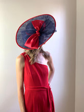 Load image into Gallery viewer, Navy and red Sinamay Derby Hat, Womens Tea Party Hat, Church Hat, Derby Hat, Fancy Hat, Ivory  Hat, Tea Party Hat, wedding hat