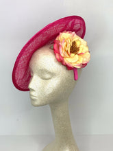 Load image into Gallery viewer, THH036 Pink Fascinator with Yellow Rose, Pink Derby Hat, Womens Tea Party Hat, Church Hat, Derby Hat, Fancy Hat, Royal Hat, Tea Party Hat,