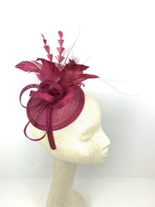 The Haleigh Maroon Fascinator with peacock feather, Women&#39;s Tea Party Hat, Church Hat, Derby Hat, Fancy Hat, maroon  Hat, Tea Party Hat, wed