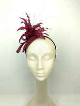 Load image into Gallery viewer, The Haleigh Merlot Maroon Fascinator feathers, Women&#39;s Tea Party Hat, Church Hat, Derby Hat, Fancy Hat, maroon  Hat, Tea Party Hat, wed