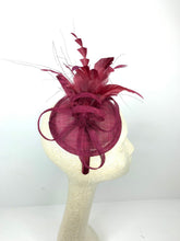 Load image into Gallery viewer, The Haleigh Merlot Maroon Fascinator feathers, Women&#39;s Tea Party Hat, Church Hat, Derby Hat, Fancy Hat, maroon  Hat, Tea Party Hat, wed