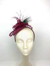 Load image into Gallery viewer, The Haleigh Maroon Fascinator with peacock feather, Women&#39;s Tea Party Hat, Church Hat, Derby Hat, Fancy Hat, maroon  Hat, Tea Party Hat, wed
