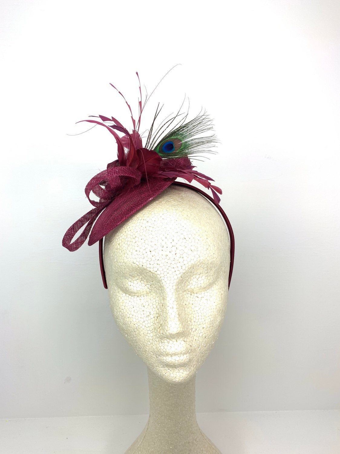 The Haleigh Maroon Fascinator with peacock feather, Women's Tea Party Hat, Church Hat, Derby Hat, Fancy Hat, maroon  Hat, Tea Party Hat, wed
