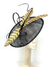 Load image into Gallery viewer, large Black and Gold, Black Derby Hat, Womens Tea Party Hat, Church Hat, Derby Hat, Fancy Hat, Royal Hat, Tea Party Hat,