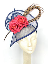 Load image into Gallery viewer, Navy Blue Fascinator with Red Roses and Pheasant Feather.  Tea Party Hat, Church Hat, Wedding Hat, Derby Hat, Kentucky Derby Hat,