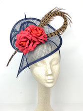 Load image into Gallery viewer, Navy Blue Fascinator with Red Roses and Pheasant Feather.  Tea Party Hat, Church Hat, Wedding Hat, Derby Hat, Kentucky Derby Hat,