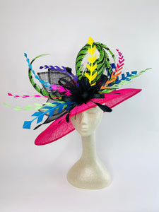Pink Kentucky Derby Hat, Tea Party Hat, Church Hat, Feather Hat, Kentucky Derby Hats For Women, Neon Feather Hat, Black & Pink Hat