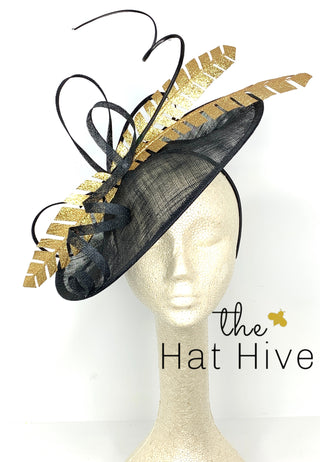 large Black and Gold, Black Derby Hat, Womens Tea Party Hat, Church Hat, Derby Hat, Fancy Hat, Royal Hat, Tea Party Hat,