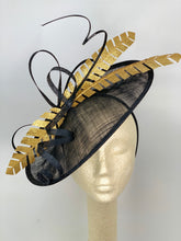 Load image into Gallery viewer, large Black and Gold, Black Derby Hat, Womens Tea Party Hat, Church Hat, Derby Hat, Fancy Hat, Royal Hat, Tea Party Hat,