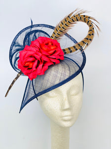 Navy Blue Fascinator with Red Roses and Pheasant Feather.  Tea Party Hat, Church Hat, Wedding Hat, Derby Hat, Kentucky Derby Hat,