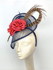 Navy Blue Fascinator with Red Roses and Pheasant Feather.  Tea Party Hat, Church Hat, Wedding Hat, Derby Hat, Kentucky Derby Hat,