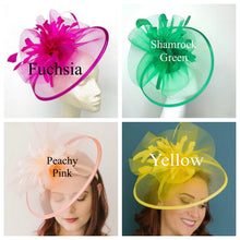 Load image into Gallery viewer, Light Pink Fascinator on headband, Women&#39;s Tea Party Hat, Hat with Veil, Church Hat, Kentucky Derby Hat, Fancy Hat, wedding hat,