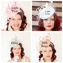 Load image into Gallery viewer, Hot Pink Fascinator with Veil, Tea Party Hat, Church Hat, Kentucky Derby Hat, Fancy Hat, Pink Hat, Tea Party Hat, wedding hat, British Hat