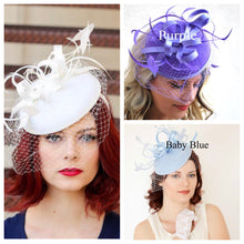Load image into Gallery viewer, The Madelyn Fascinator, light ivory Fascinator with Veil, Women&#39;s Tea Party Hat, Church Hat, Derby Hat, Fancy Hat, wedding hat, British Hat