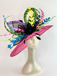 Pink Kentucky Derby Hat, Tea Party Hat, Church Hat, Feather Hat, Kentucky Derby Hats For Women, Neon Feather Hat, Black & Pink Hat