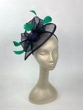 Load image into Gallery viewer, The Kenni Navy Blue Fascinator with green feathers