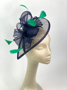 The Kenni Navy Blue Fascinator with green feathers