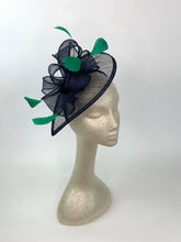Load image into Gallery viewer, The Kenni Navy Blue Fascinator with green feathers
