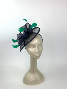 The Kenni Navy Blue Fascinator with green feathers