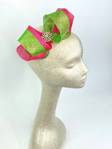 Pink & Green Fascinator, Pink and Green Bow, Womens Tea Party Fascinator, Church Hat, Derby Hat, Fancy Hat Mini Fascinator, wedding hat
