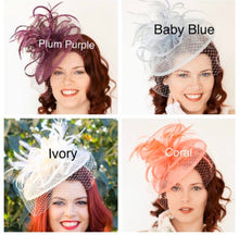 Load image into Gallery viewer, Purple Fascinator with Veil, Tea Party Hat, Kentucky Derby Hat, Fancy Hat, British Hat, Wedding Fascinator, women&#39;s hat, the brynlee