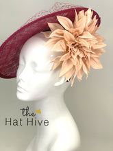 Load image into Gallery viewer, Merlot and Blush Fascinator Hatinator, KentuckyDerby Hat, Womens Tea Party Hat, Church Hat, Derby Hat, Fancy Hat, Royal Hat, Kate Middleton