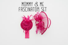 Load image into Gallery viewer, Mommy &amp; Me Fascinators , Infant - 2 year old set on stretchy headband, Tea Party Hats, Kentucky Derby Hat, Fancy Hat, Pink Hat, wedding hat