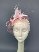 Load image into Gallery viewer, Light Pink Fascinator with veil attaches with headband, fits ages 2 and up, Women&#39;s Tea Party Hat, Kentucky Derby Hat, wedding hat