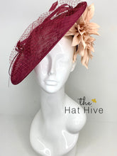 Load image into Gallery viewer, Merlot and Blush Fascinator Hatinator, KentuckyDerby Hat, Womens Tea Party Hat, Church Hat, Derby Hat, Fancy Hat, Royal Hat, Kate Middleton