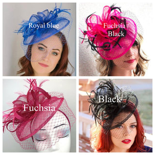 Black Fascinator on headband - light and easy to wear Women&#39;s Hat with Veil, Kentucky Derby Hat, wedding hat, British Hat