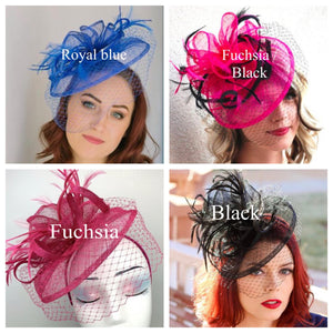 Black Fascinator on headband - light and easy to wear Women&#39;s Hat with Veil, Kentucky Derby Hat, wedding hat, British Hat