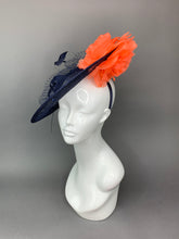 Load image into Gallery viewer, Navy Blue &amp; Coral Fascinator on headband - Derby Hat, Tea Party Hat, Church Hat, Fancy Hat, Royal Hat, Kate Mittleton style, wedding hat