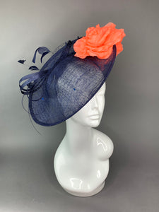 Navy Blue & Coral Fascinator on headband - Derby Hat, Tea Party Hat, Church Hat, Fancy Hat, Royal Hat, Kate Mittleton style, wedding hat