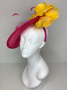 Pink and Yellow Fascinator attaches with headband, Derby Hat, Womens Church Hat, Hatinator, Fancy Hat, Tea Party Hat, wedding hat