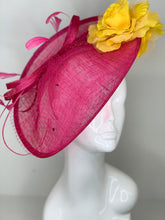 Load image into Gallery viewer, Pink and Yellow Fascinator attaches with headband, Derby Hat, Womens Church Hat, Hatinator, Fancy Hat, Tea Party Hat, wedding hat