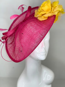 Pink and Yellow Fascinator attaches with headband, Derby Hat, Womens Church Hat, Hatinator, Fancy Hat, Tea Party Hat, wedding hat